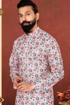 Men Light Pink Cotton Digital Printed Kurta Churidar Set