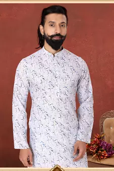 Men Off White Cotton Digital Printed Kurta Churidar Set