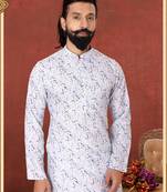 Men Off White Cotton Digital Printed Kurta Churidar Set