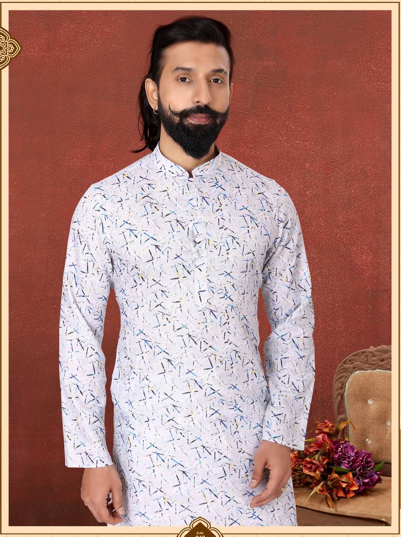 Men Off White Cotton Digital Printed Kurta Churidar Set