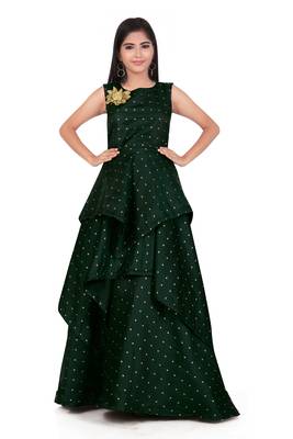 Kids Green Cotton Silk Long Gown For Girls 1