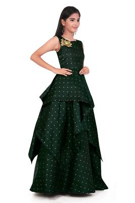 Kids Green Cotton Silk Long Gown For Girls 2