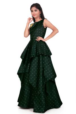 Kids Green Cotton Silk Long Gown For Girls 3
