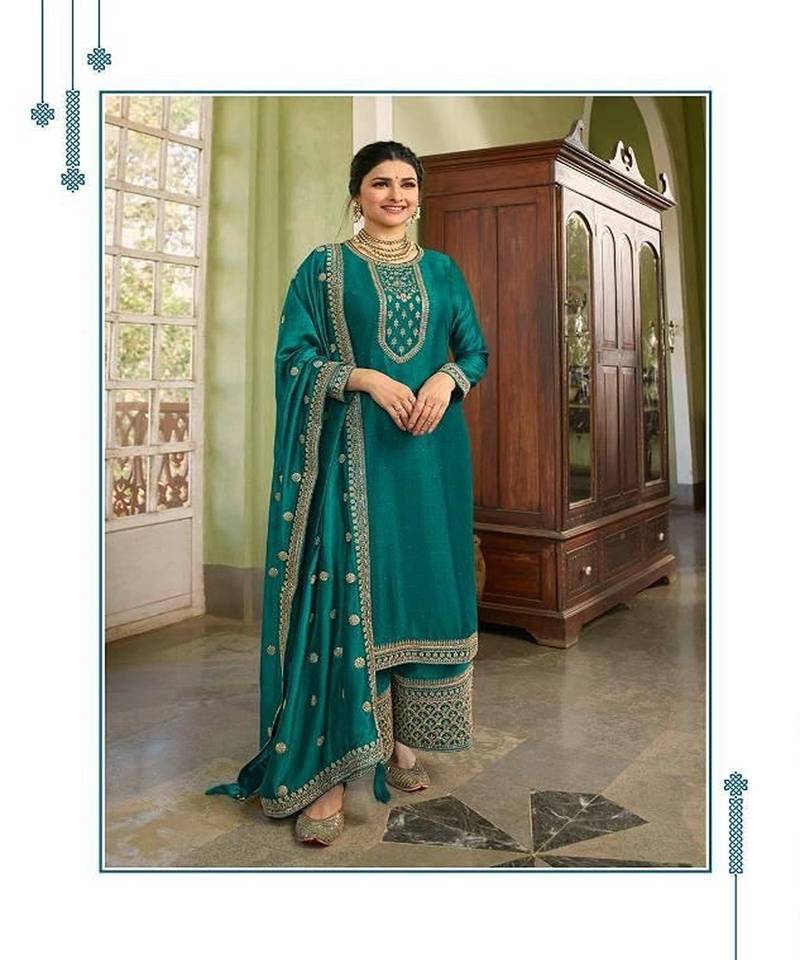 Sea Green embroidery georget silk semistitch straight suits palazzo salwar suits