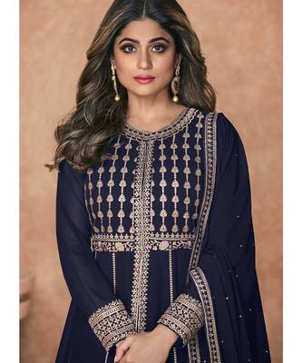 Navy Blue Embroidered Traditional Anarkali Lehenga Suit 2