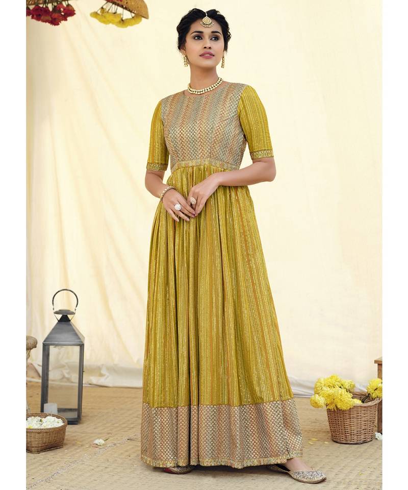 Yellow Golden Embroidered Designer Anarkali Suit - Vegaa Fashion - 3897676