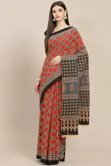 Maroon printed cotton saree with blouse