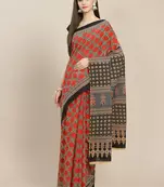 Maroon printed cotton saree with blouse