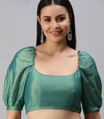 Women Green Plain Golden Zari Shimmer Georgette Padded Readymade Saree Blouse