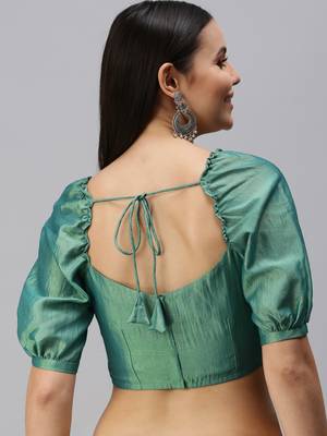 Women Green Plain Golden Zari Shimmer Georgette Padded Readymade Saree Blouse 2