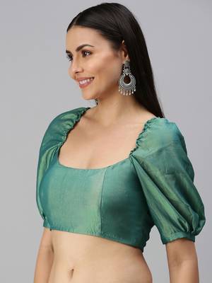 Women Green Plain Golden Zari Shimmer Georgette Padded Readymade Saree Blouse 3