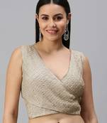 Women Grey Embroidered Organza Readymade Padded Blouse