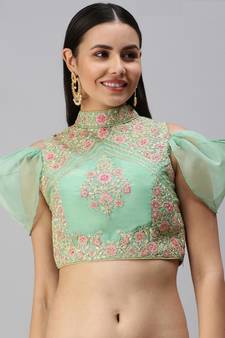 Women Turquoise Embroidered Organza Readymade padded Blouse