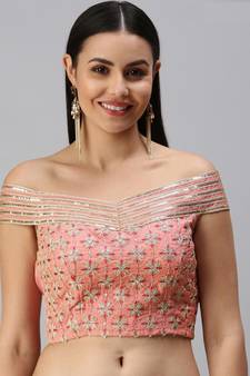 Women Light Pink Embroidered Organza Readymade Padded Blouse