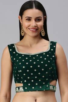 Women Teal Embroidered Velvet Readymade Padded Blouse
