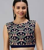 Women Nevy Blue Embroidered Velvet Readymade Padded Blouse