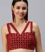 Women Red Embroidered Velvet Readymade Padded Blouse