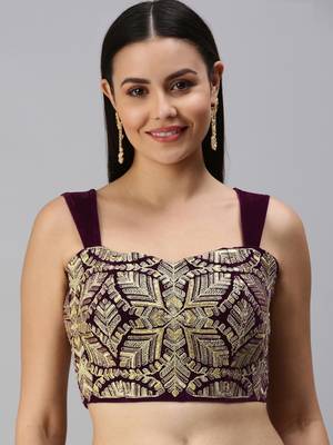 Women Wine Embroidered Velvet Readymade Padded Blouse 1