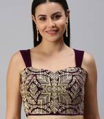 Women Wine Embroidered Velvet Readymade Padded Blouse