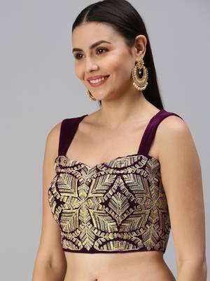 Women Wine Embroidered Velvet Readymade Padded Blouse 3