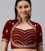 Women Maroon embroidered Velvet Readymade padded Blouse