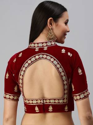 Women Maroon embroidered Velvet Readymade padded Blouse 2