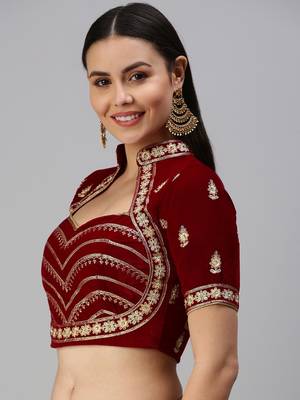 Women Maroon embroidered Velvet Readymade padded Blouse 3