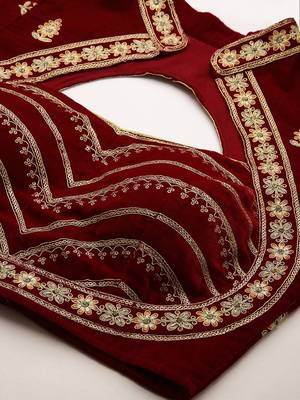 Women Maroon embroidered Velvet Readymade padded Blouse 4