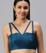 Women Turquoise Plain Shimmer Art Silk Padded Readymade Saree Blouse