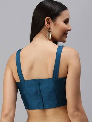 Women Turquoise Plain Shimmer Art Silk Padded Readymade Saree Blouse 2