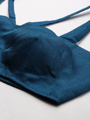 Women Turquoise Plain Shimmer Art Silk Padded Readymade Saree Blouse 4