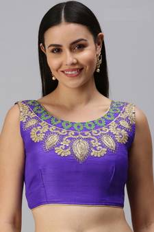 Women Royal Blue Embroidered Art Silk Readymade Blouse
