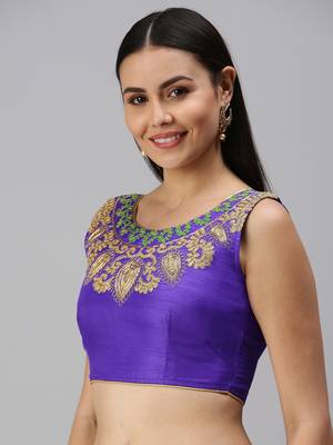 Women Royal Blue Embroidered Art Silk Readymade Blouse 3