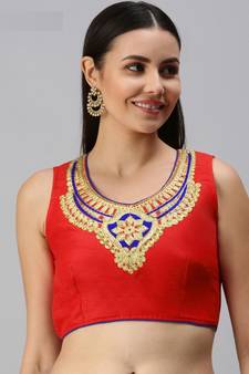 Women Red Embroidered Art Silk Readymade Blouse