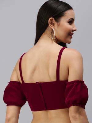 Women Maroon Velvet Readymade Padded Blouse 2
