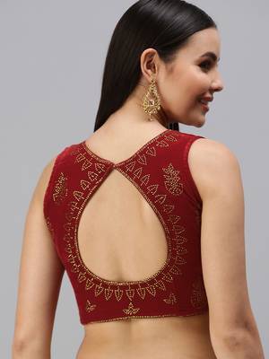 Women Maroon Swarovski Work Velvet Readymade Padded Blouse 2