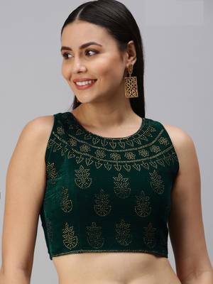 Women Teal Swarovski Work Velvet Readymade Padded Blouse 1