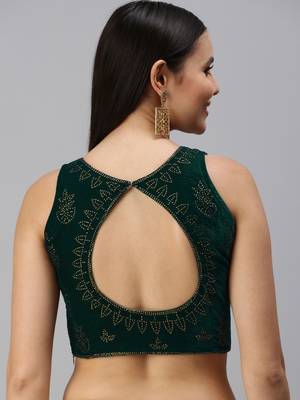 Women Teal Swarovski Work Velvet Readymade Padded Blouse 2