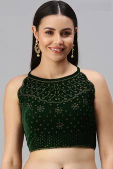 Women Green Swarovski Work Velvet Readymade Padded Blouse