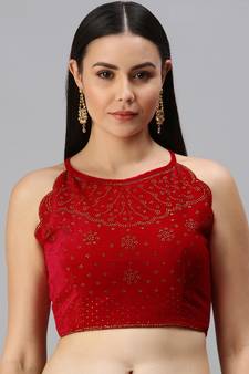 Women Red Swarovski Work Velvet Readymade Padded Blouse