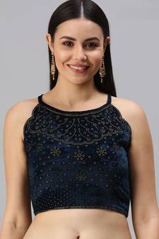 Women Nevy Blue Swarovski Work Velvet Readymade Padded Blouse