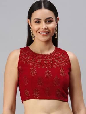 Women Red Swarovski Work Velvet Readymade Padded Blouse 1