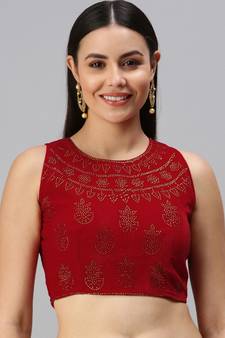 Women Red Swarovski Work Velvet Readymade Padded Blouse