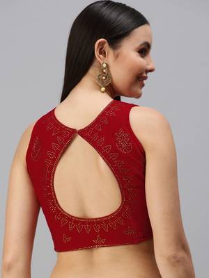 Women Red Swarovski Work Velvet Readymade Padded Blouse 2