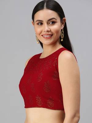 Women Red Swarovski Work Velvet Readymade Padded Blouse 3