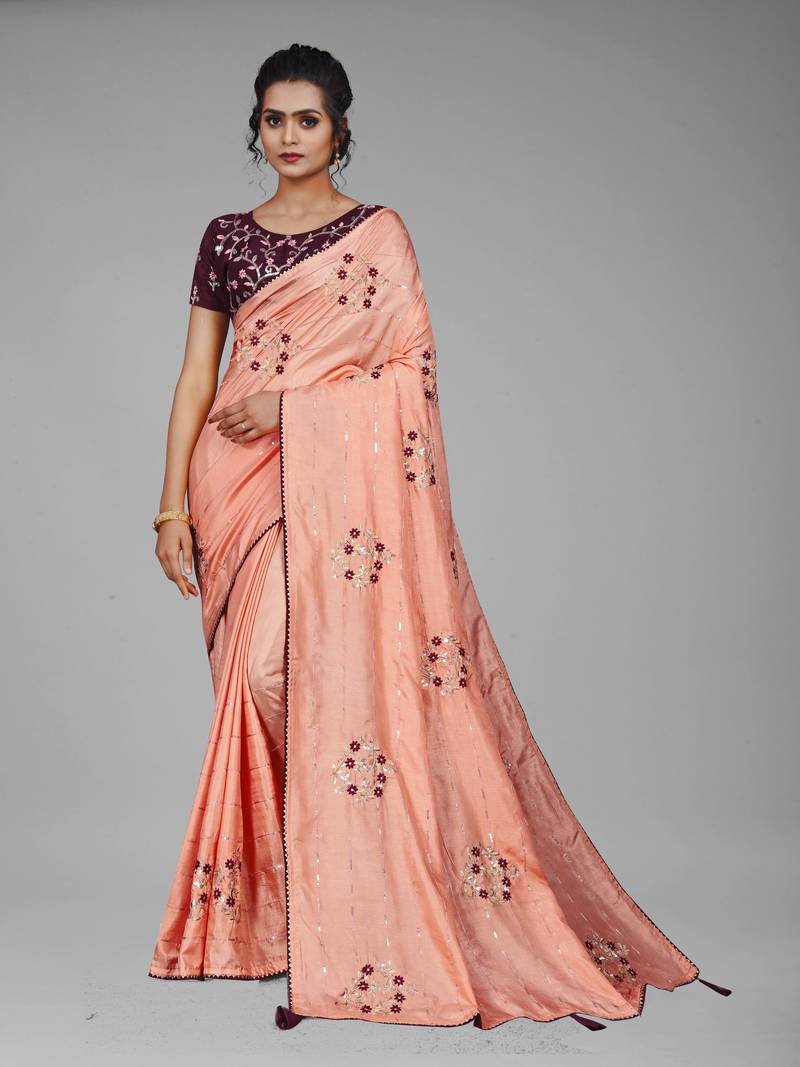 Peach Embellished Silk Blend Sarees With Unstitched Blouse Piece