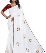 White embroidered silk blend saree with blouse