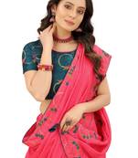 Dark pink embroidered silk blend saree with blouse