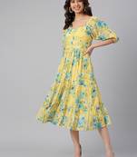 Yellow printed georgette long-dresses