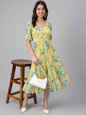 Yellow printed georgette long-dresses 3